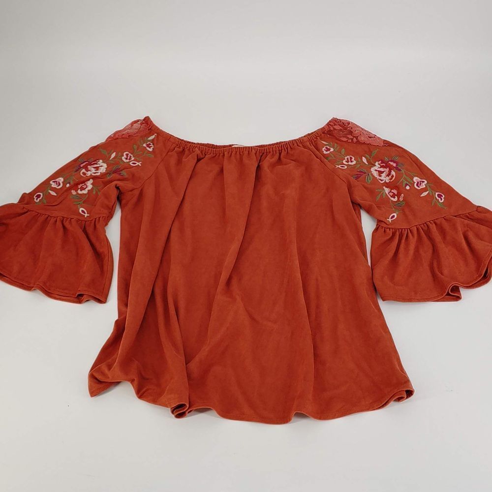Womens Off-Shoulder Embroidered Bell Sleeve Top - Rust
